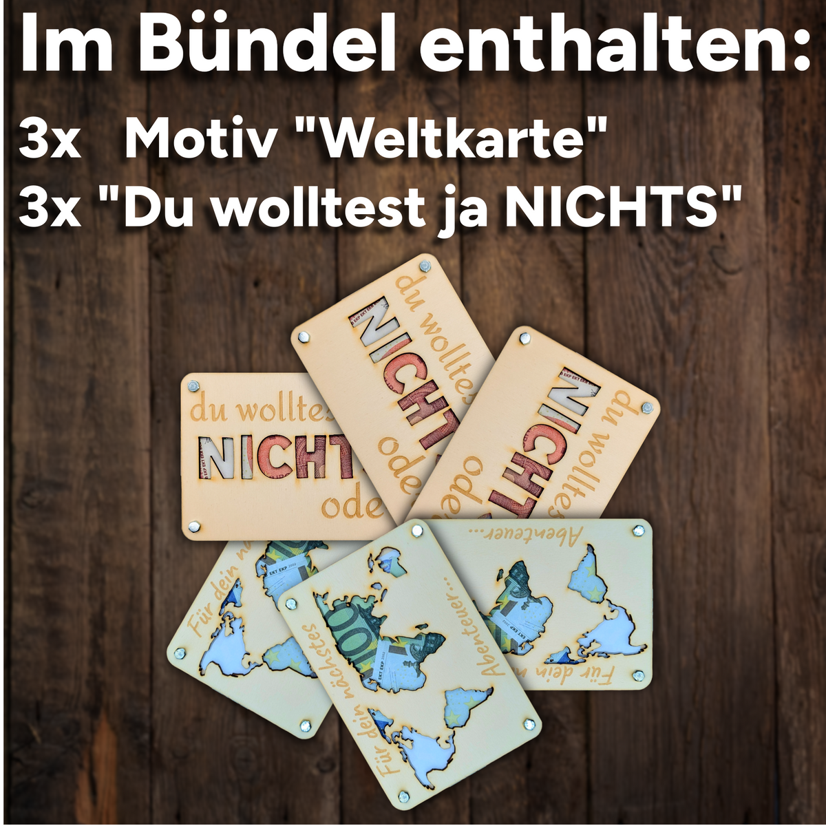 Holz Geldgeschenk-Set | 6-teiliges Bundle „Nichts & Weltkarte“