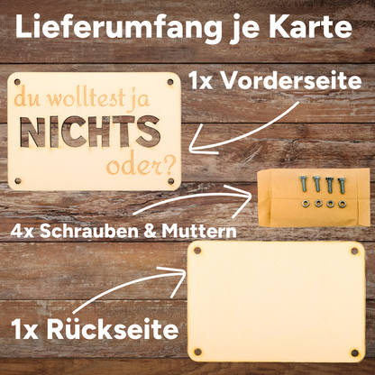 Bundle „Du wolltest ja nichts“ – Geldgeschenkkarten‑Pack (3 / 4 Stück, Holz)